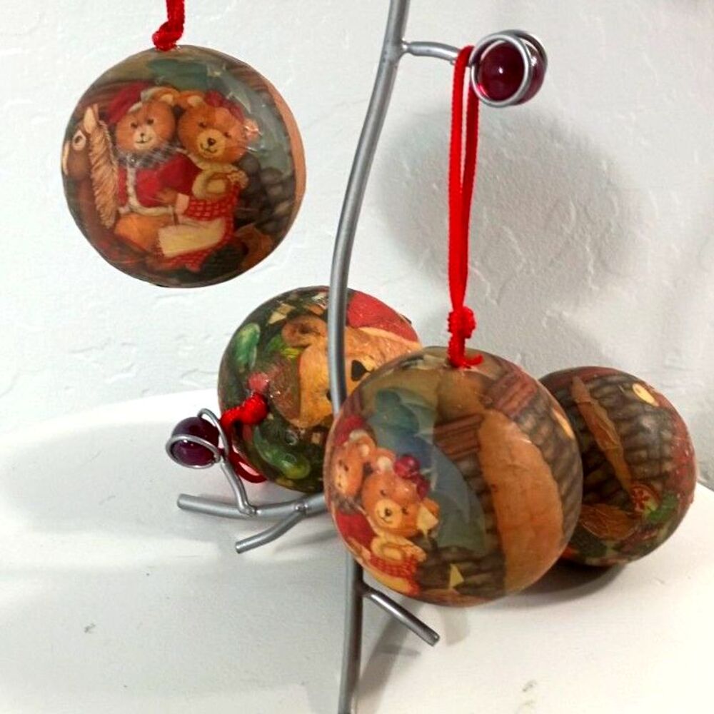 Vintage Plush Teddy Bear Christmas Ball Ornaments Set of 4
